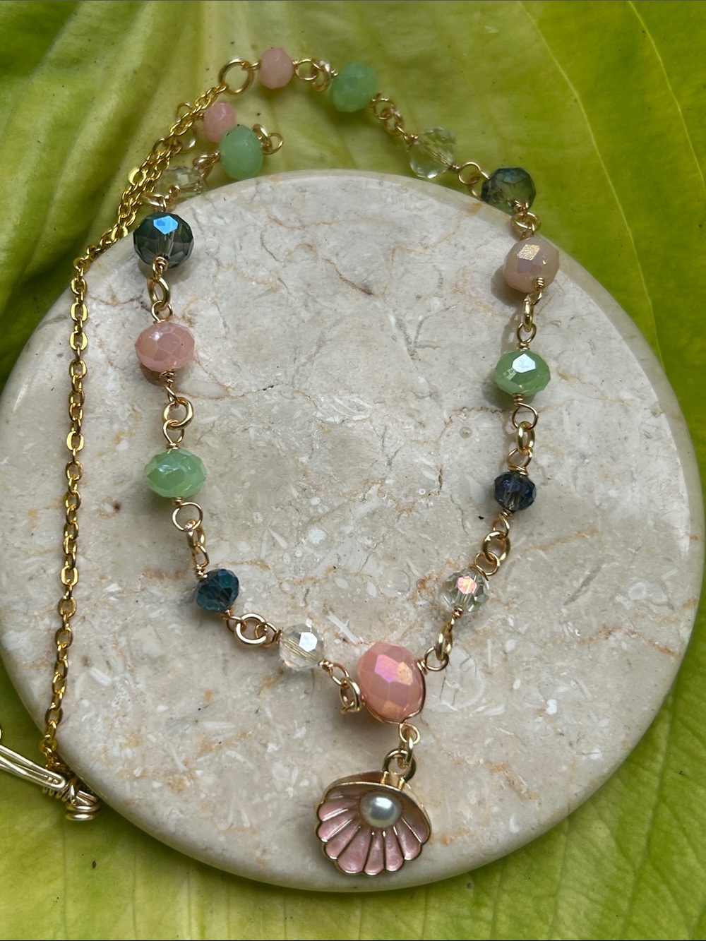 Gold Shell Pendant Beaded Necklace in Pink & Green